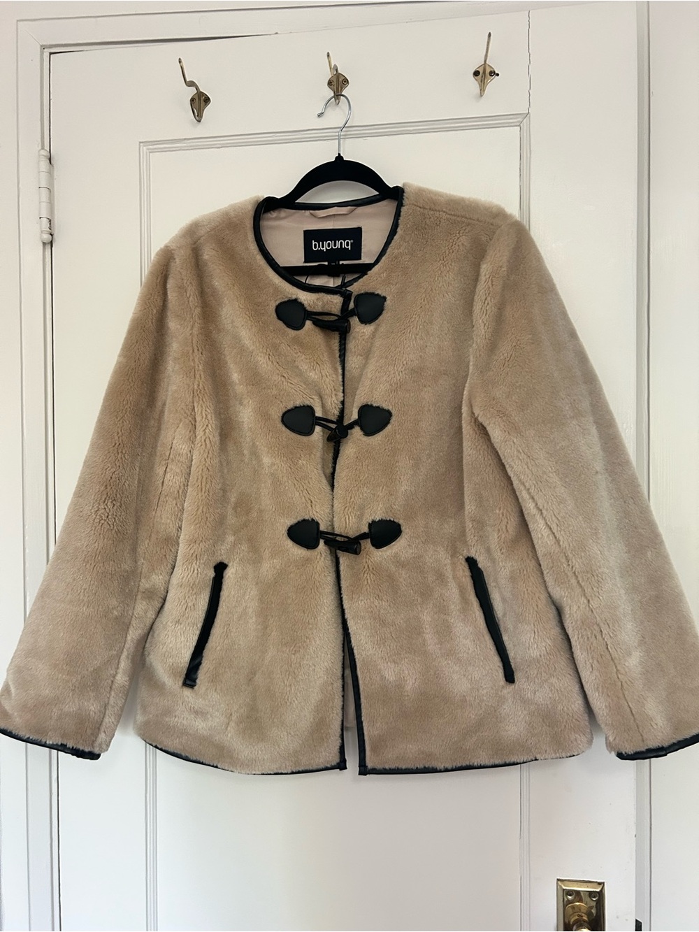 Beige Faux Fur Teddy Toggle Jacket with Black Faux Leather Trim